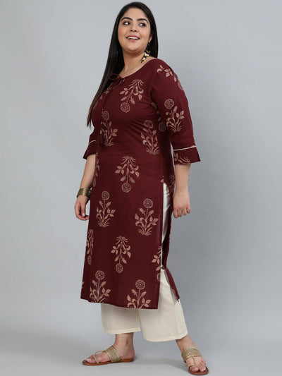 Plus Size Women Brown & Gold Printed Straight Kurta With Palazo & Dupatta