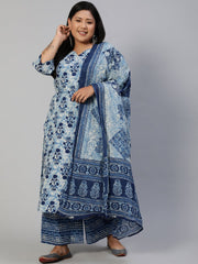 Women Blue Printed Straight Kurta With Plazo & Dupatta
