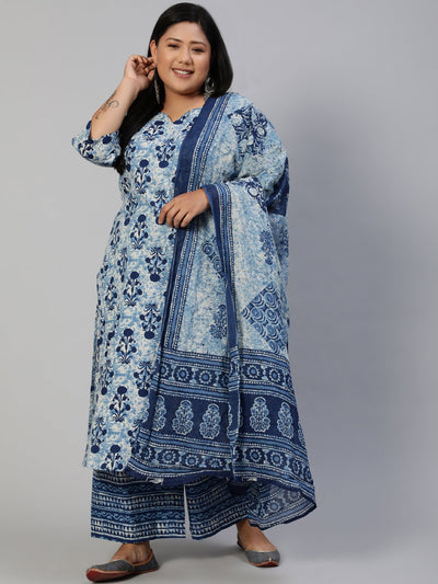 Women Blue Printed Straight Kurta With Plazo & Dupatta