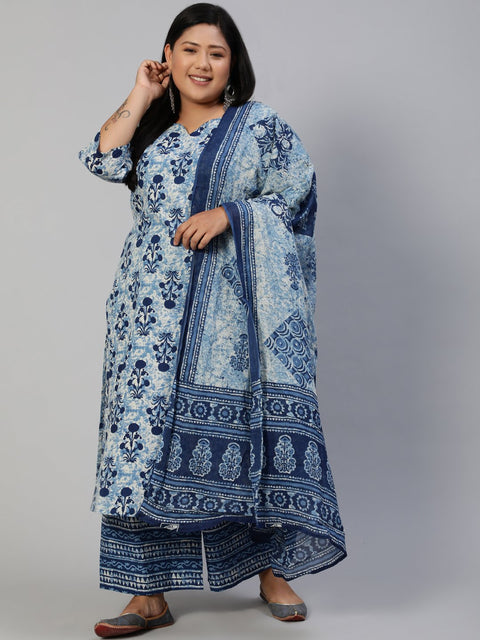 Women Blue Printed Straight Kurta With Plazo & Dupatta