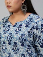 Women Blue Printed Straight Kurta With Plazo & Dupatta