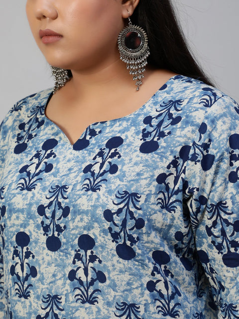 Women Blue Printed Straight Kurta With Plazo & Dupatta