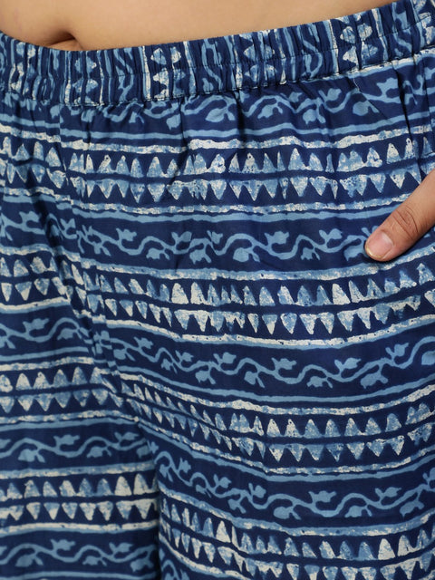 Women Blue Printed Straight Kurta With Plazo & Dupatta