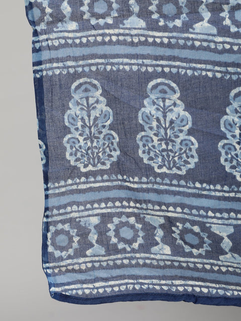 Women Blue Printed Straight Kurta With Plazo & Dupatta