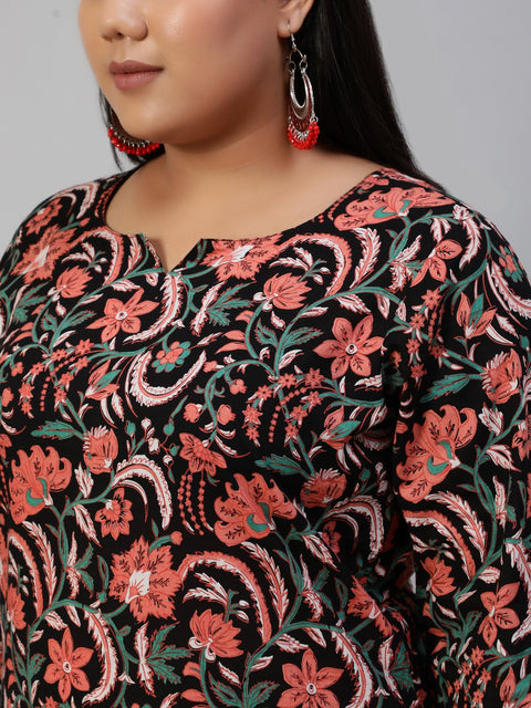 Women Black & Peach Printed Straight Kurta With Plazo & Dupatta