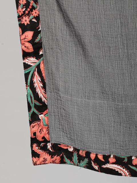 Women Black & Peach Printed Straight Kurta With Plazo & Dupatta