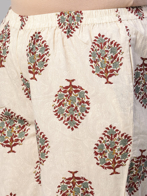 Women Cream Printed Straight Night Dress