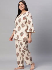 Women Cream Printed Straight Night Dress
