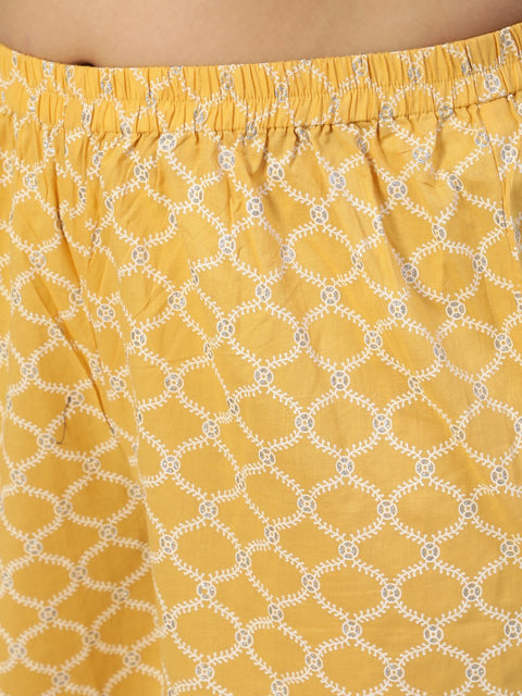 Women Yellow & Glitter Printed Straight Kurta With Plazo & Dupatta