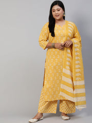 Women Yellow & Glitter Printed Straight Kurta With Plazo & Dupatta