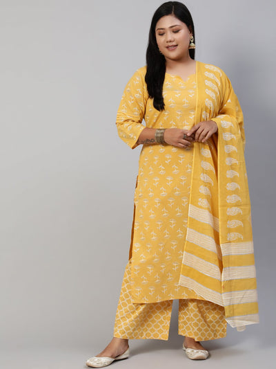 Women Yellow & Glitter Printed Straight Kurta With Plazo & Dupatta