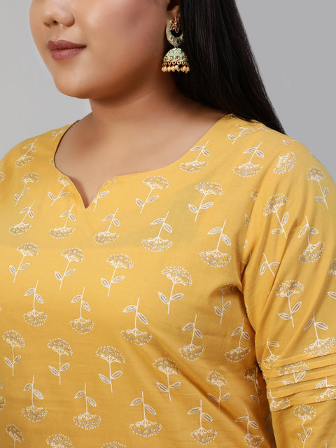 Women Yellow & Glitter Printed Straight Kurta With Plazo & Dupatta