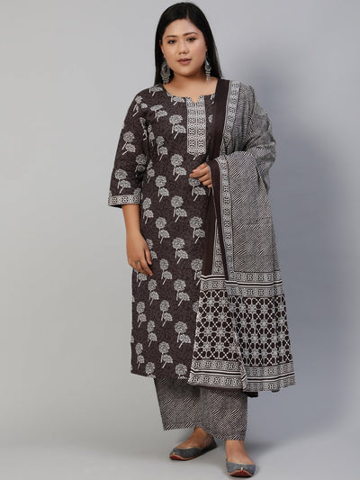 Women Dark Grey Printed Straight Kurta With Plazo & Dupatta