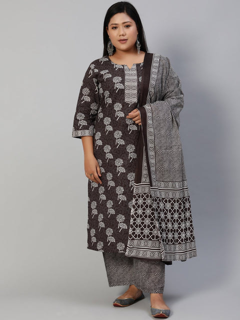 Women Dark Grey Printed Straight Kurta With Plazo & Dupatta