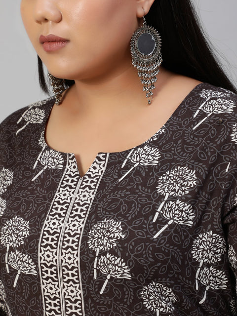 Women Dark Grey Printed Straight Kurta With Plazo & Dupatta