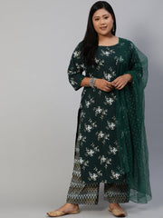 Women Green & Gold Printed Straight Kurta With Plazo & Dupatta