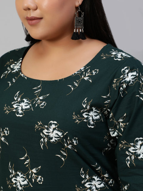 Women Green & Gold Printed Straight Kurta With Plazo & Dupatta