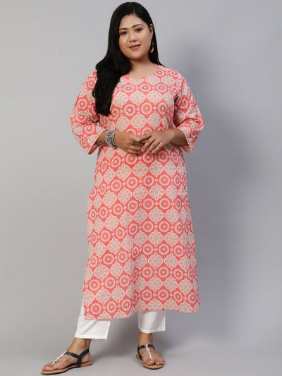 Women Pink Hand Work Printed Straight Kurta With Three Quarter Sleeves