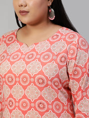Women Pink Hand Work Printed Straight Kurta With Three Quarter Sleeves