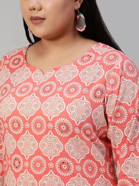 Women Pink Hand Work Printed Straight Kurta With Three Quarter Sleeves