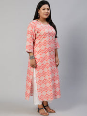 Women Pink Hand Work Printed Straight Kurta With Three Quarter Sleeves