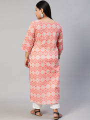 Women Pink Hand Work Printed Straight Kurta With Three Quarter Sleeves