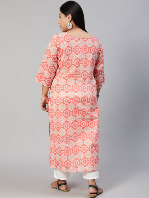 Women Pink Hand Work Printed Straight Kurta With Three Quarter Sleeves