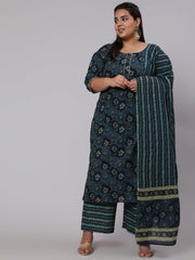 Women Plus Size Blue floral Printed Kurta And Palazzo With Dupatta