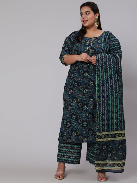 Women Plus Size Blue floral Printed Kurta And Palazzo With Dupatta