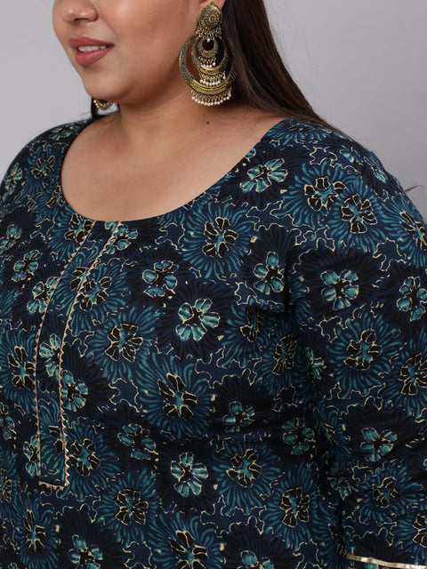 Women Plus Size Blue floral Printed Kurta And Palazzo With Dupatta