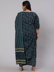 Women Plus Size Blue floral Printed Kurta And Palazzo With Dupatta