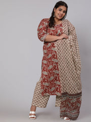 Women Plus Size  Maroon Ethnic Printed Kurta And Palazzo With Dupatta