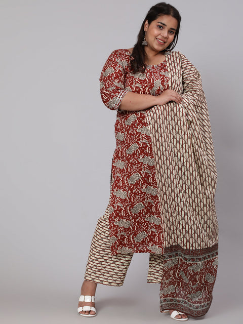 Women Plus Size  Maroon Ethnic Printed Kurta And Palazzo With Dupatta