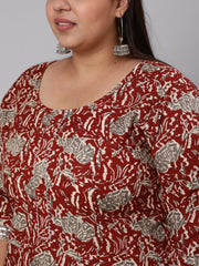 Women Plus Size  Maroon Ethnic Printed Kurta And Palazzo With Dupatta