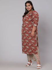 Women Plus Size  Maroon Ethnic Printed Kurta And Palazzo With Dupatta