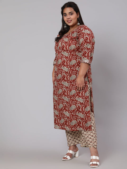 Women Plus Size  Maroon Ethnic Printed Kurta And Palazzo With Dupatta