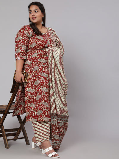 Women Plus Size  Maroon Ethnic Printed Kurta And Palazzo With Dupatta