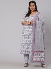 Women Plus Size Grey Ethnic Printed Kurta And Palazzo With Dupatta