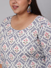 Women Plus Size Grey Ethnic Printed Kurta And Palazzo With Dupatta