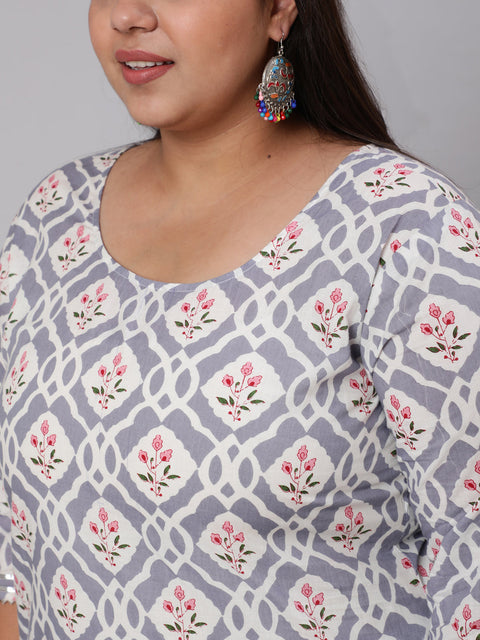 Women Plus Size Grey Ethnic Printed Kurta And Palazzo With Dupatta