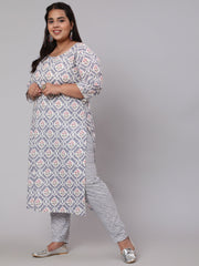 Women Plus Size Grey Ethnic Printed Kurta And Palazzo With Dupatta