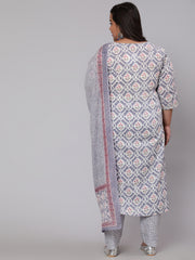 Women Plus Size Grey Ethnic Printed Kurta And Palazzo With Dupatta