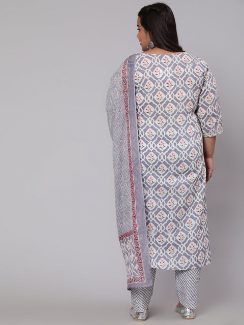 Women Plus Size Grey Ethnic Printed Kurta And Palazzo With Dupatta