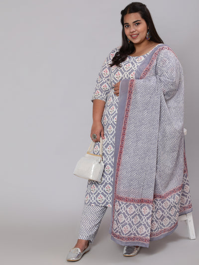 Women Plus Size Grey Ethnic Printed Kurta And Palazzo With Dupatta