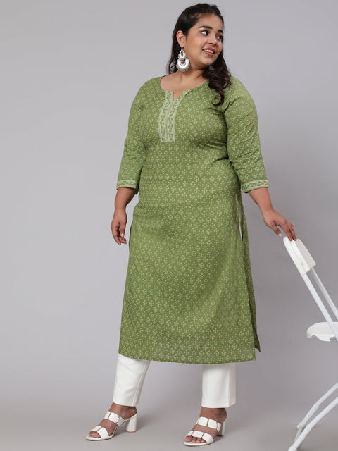 Women Plus Size Green Printed straight Kurta
