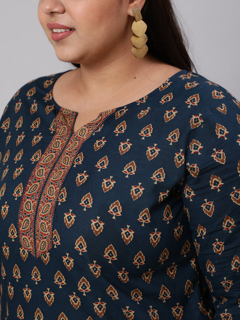 Women Plus Size Navy Blue Tunic With Three Quarter Sleeves