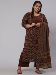Plus Size Women Brown Printed Pure Cotton Kurta with Trousers & Dupatta