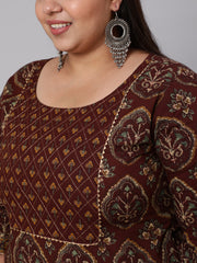 Plus Size Women Brown Printed Pure Cotton Kurta with Trousers & Dupatta