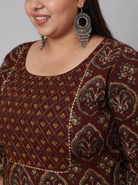 Plus Size Women Brown Printed Pure Cotton Kurta with Trousers & Dupatta