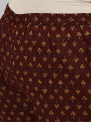 Plus Size Women Brown Printed Pure Cotton Kurta with Trousers & Dupatta